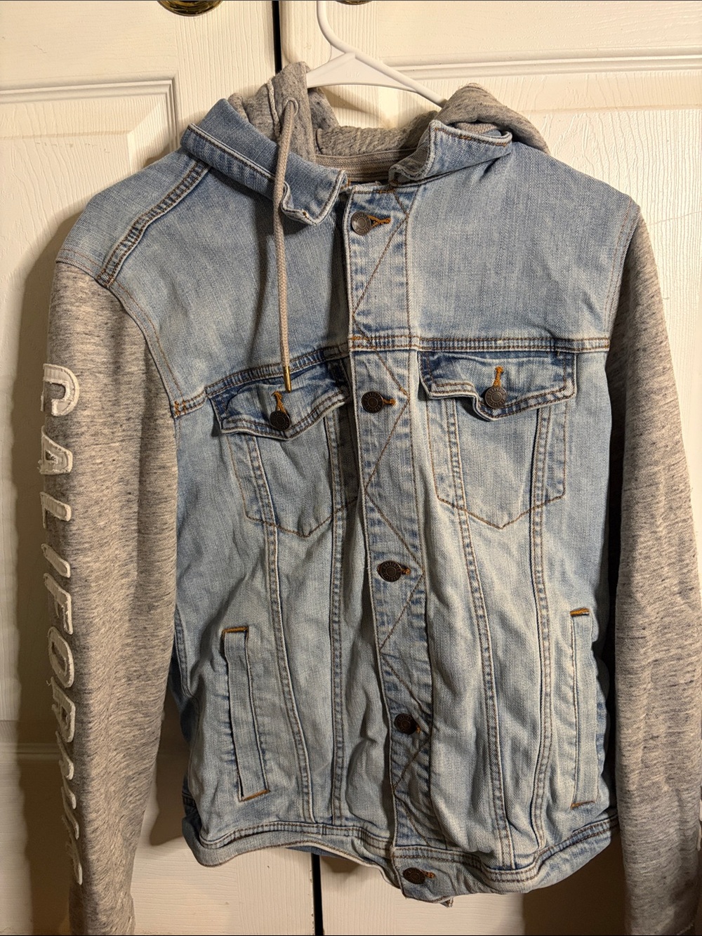 Hollister Light Blue Denim Jacket with Gray Hooded Sleeves